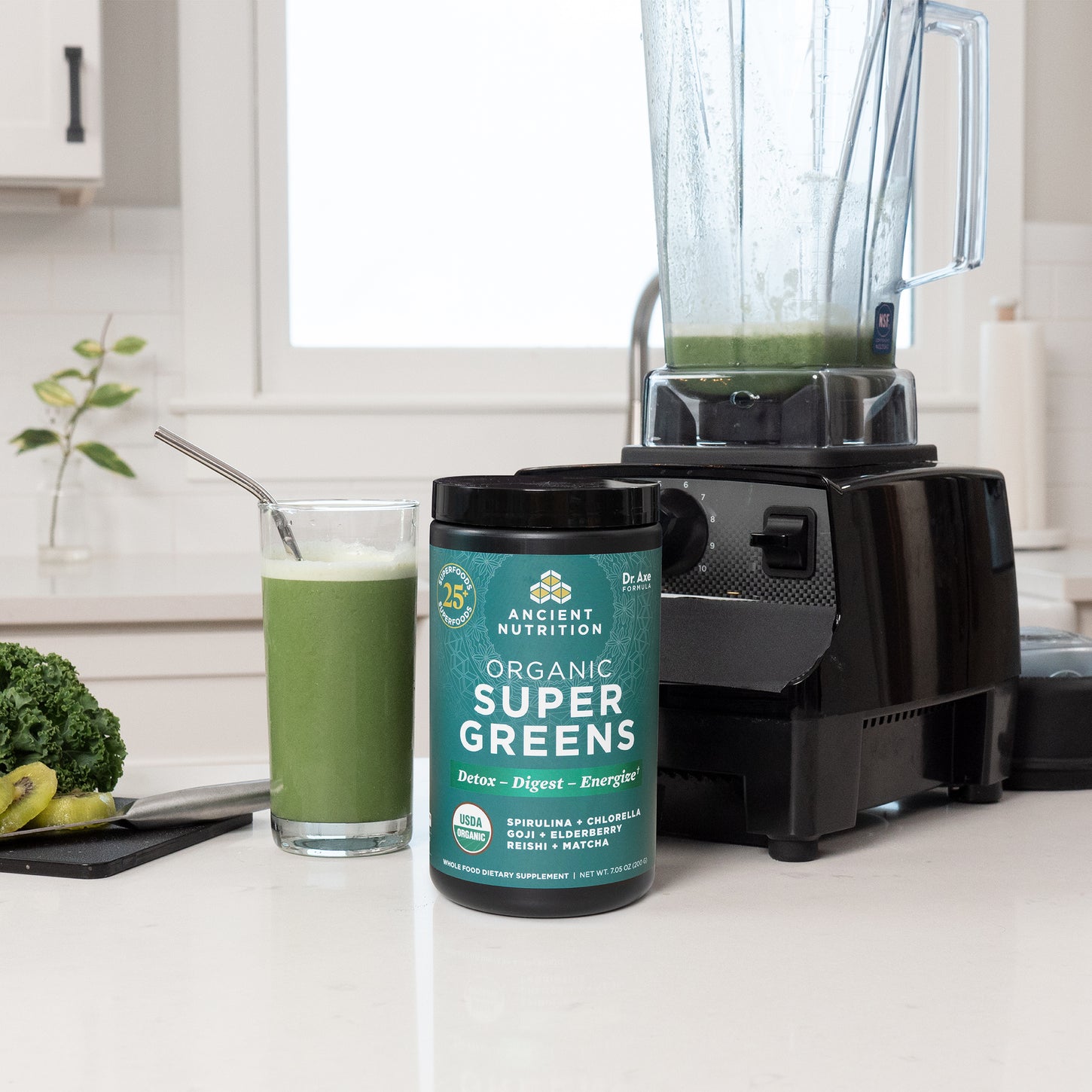 supergreens greens flavor next to a blender