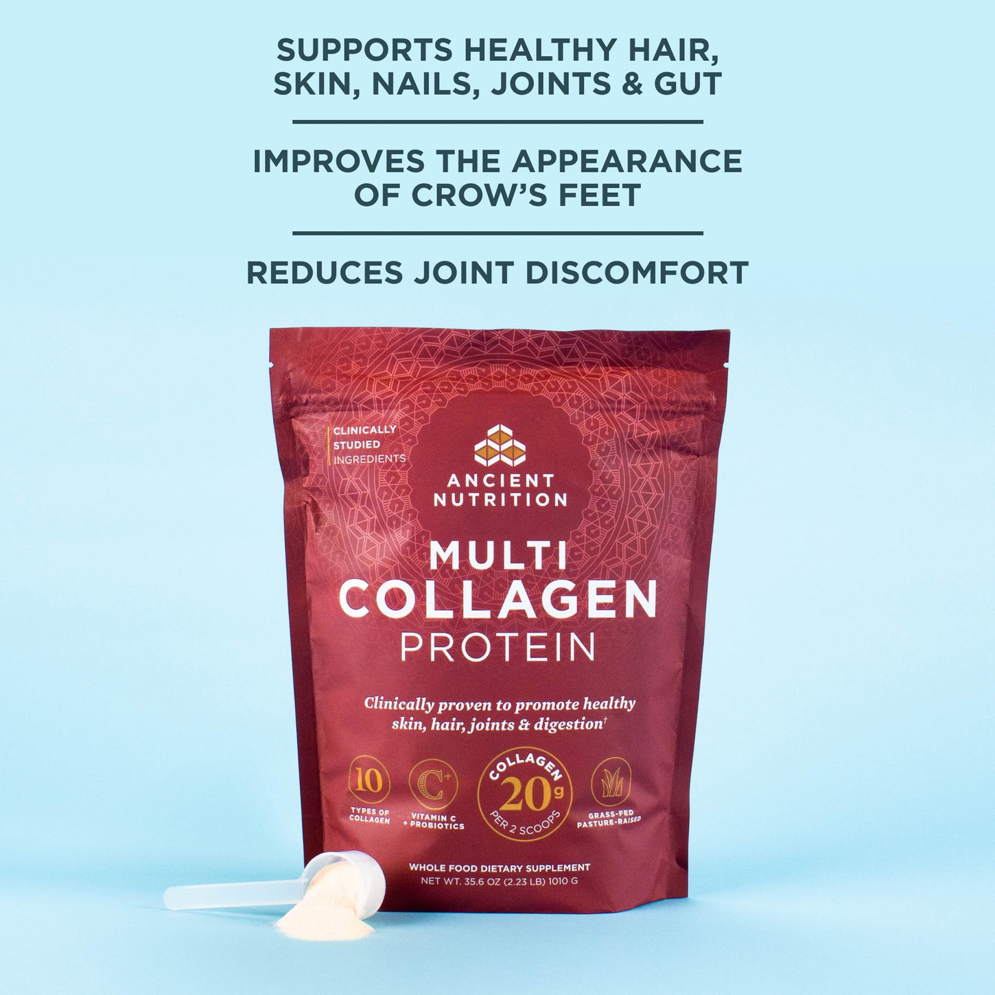 Multi collagen protein 100serv bag on a light blue background