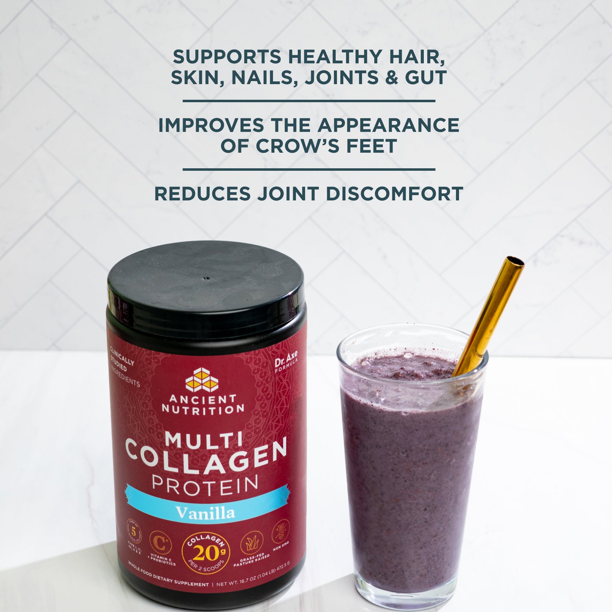 multi collagen protein vanilla next to berry smoothie