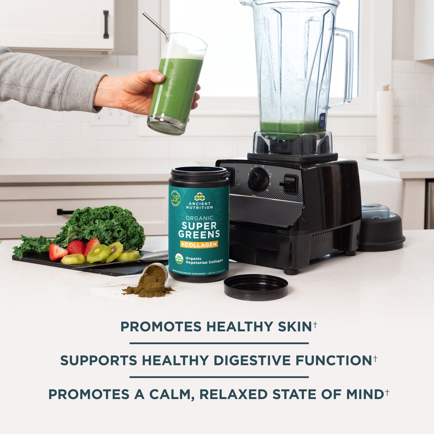 Organic Super Greens + Organic Collagen Powder next to a blender