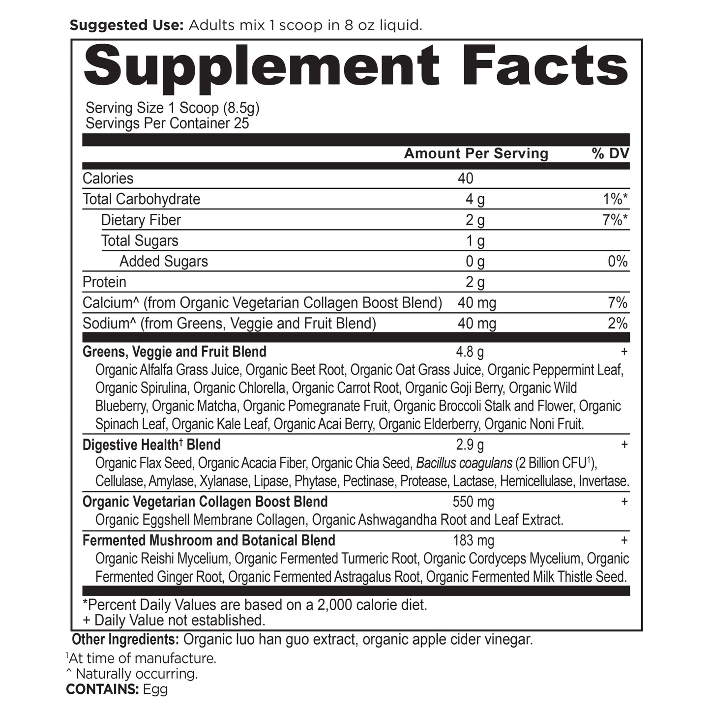 Organic Super Greens + Organic Collagen Powder supplement label