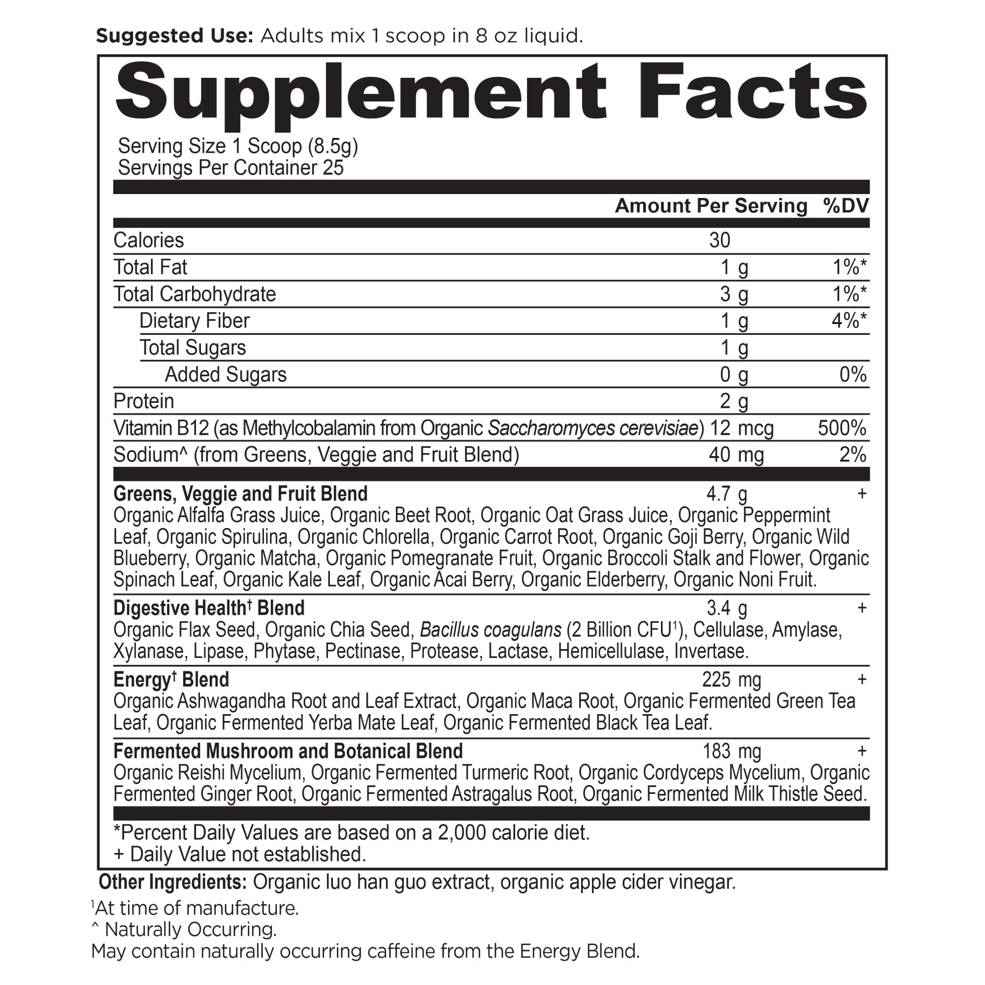 Organic Super Greens Energize Powder supplement label