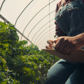 woman taking notes in a greenhouse