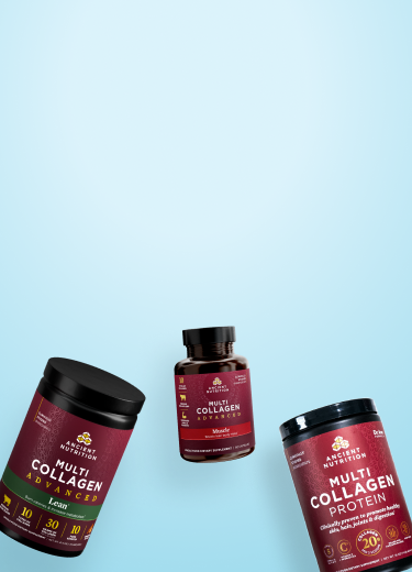 Bottles of Ancient Nutrition Multi Collagen Protein Powder, Multi Collagen Advanced Lean Powder, and Multi Collagen Advanced Muscle Capsules on a blue background